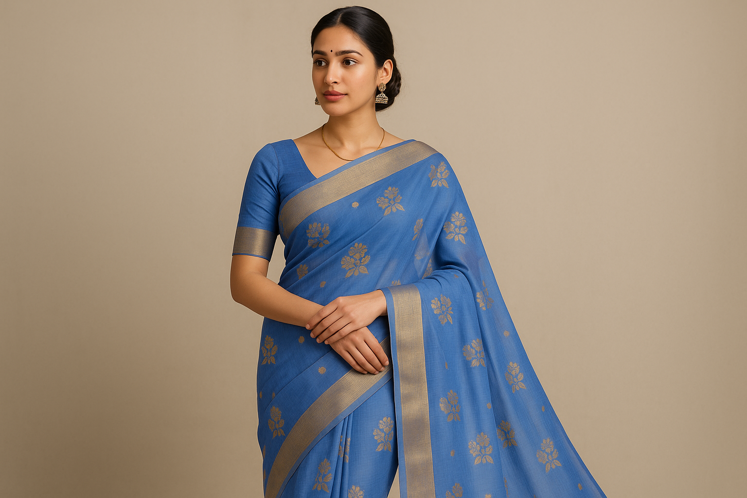 Lighter Blue Chanderi Saree with Handmade Zari Border - Photo 1