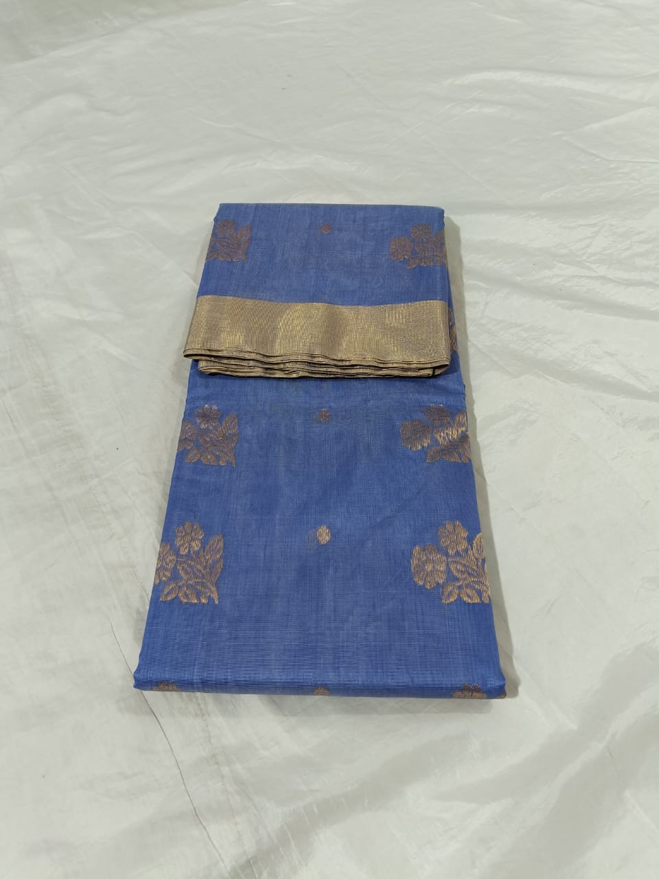 Royal Blue Handwoven Chanderi Cotton Saree with Golden Zari Floral Weave
