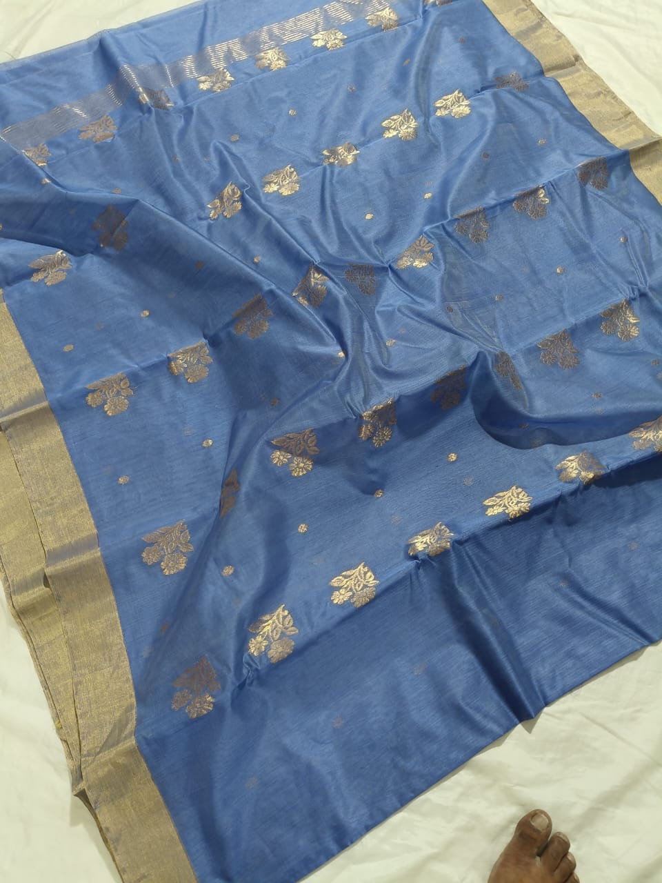 Royal Blue Handwoven Chanderi Cotton Saree with Golden Zari Floral Weave