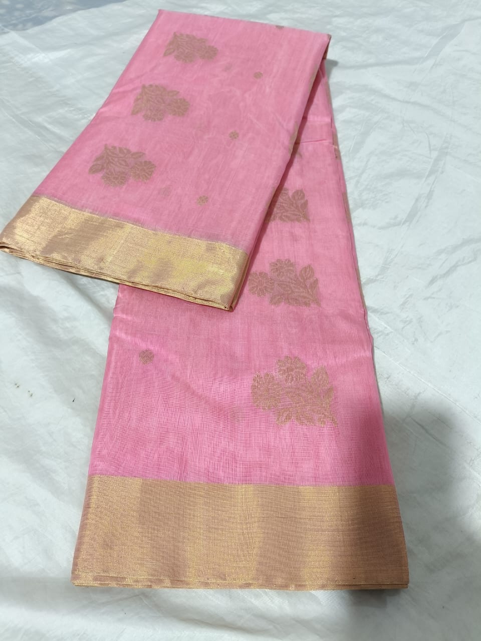 Baby Pink Handwoven Chanderi Cotton Saree with Broad Golden Zari Border