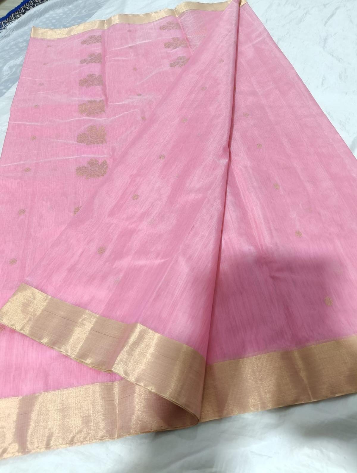 Baby Pink Handwoven Chanderi Cotton Saree with Broad Golden Zari Border