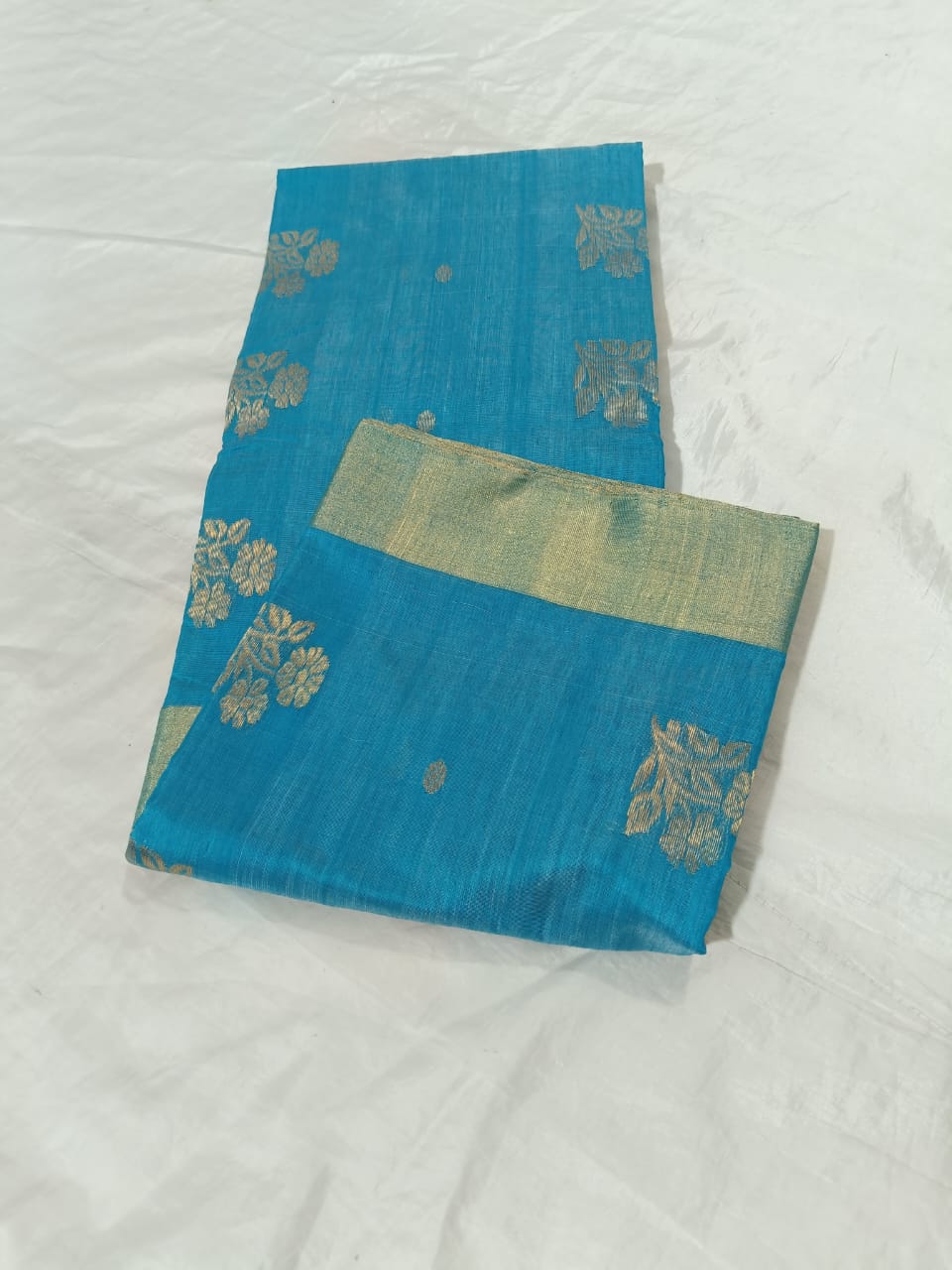 Sky Blue Handwoven Chanderi Cotton Saree with Golden Zari – Premium & Elegant