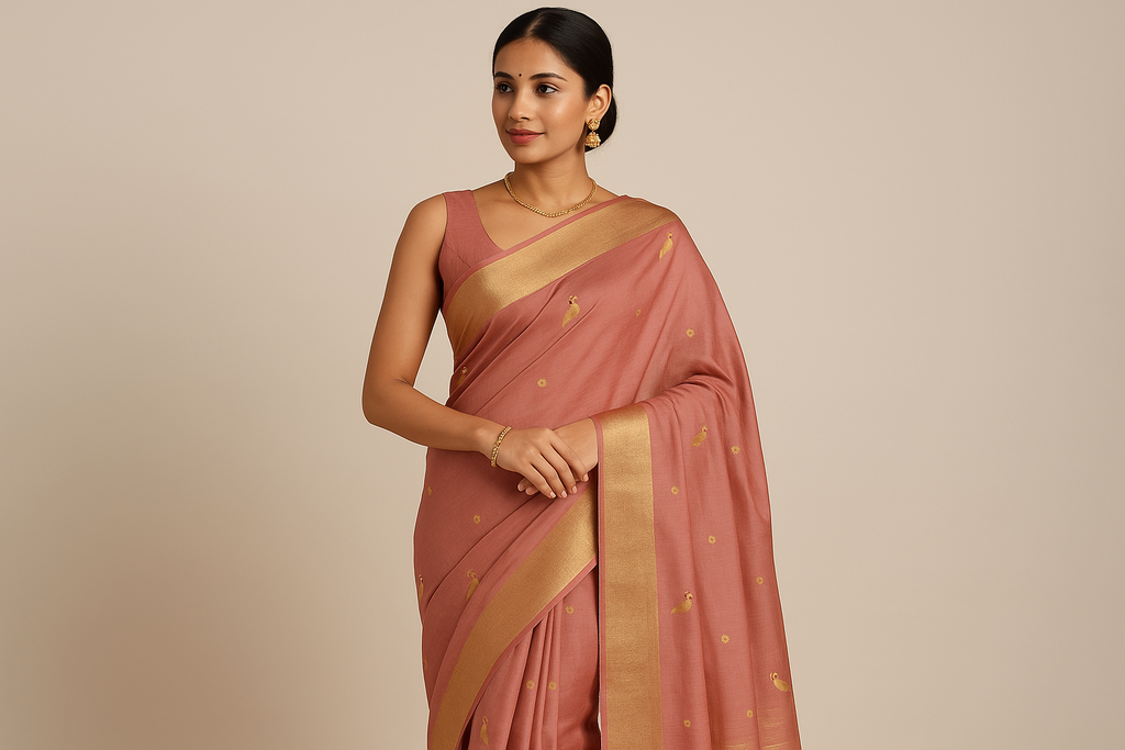 Dusty Rose Chanderi Saree with Full Zari Border - Photo 1