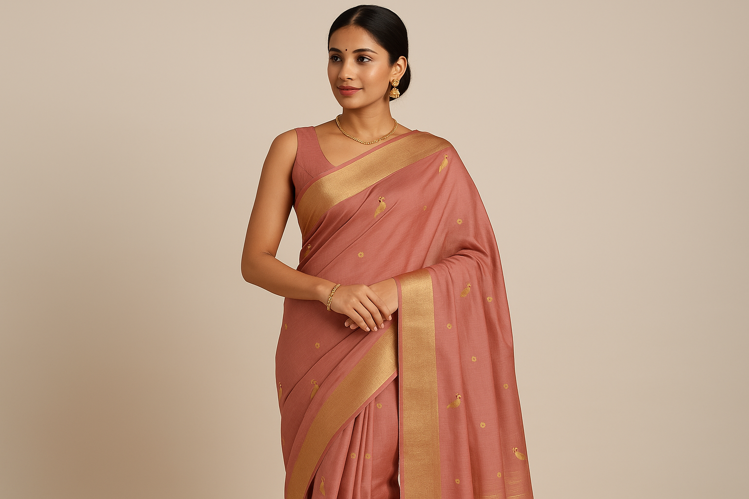Dusty Rose Chanderi Saree with Full Zari Border - Photo 1