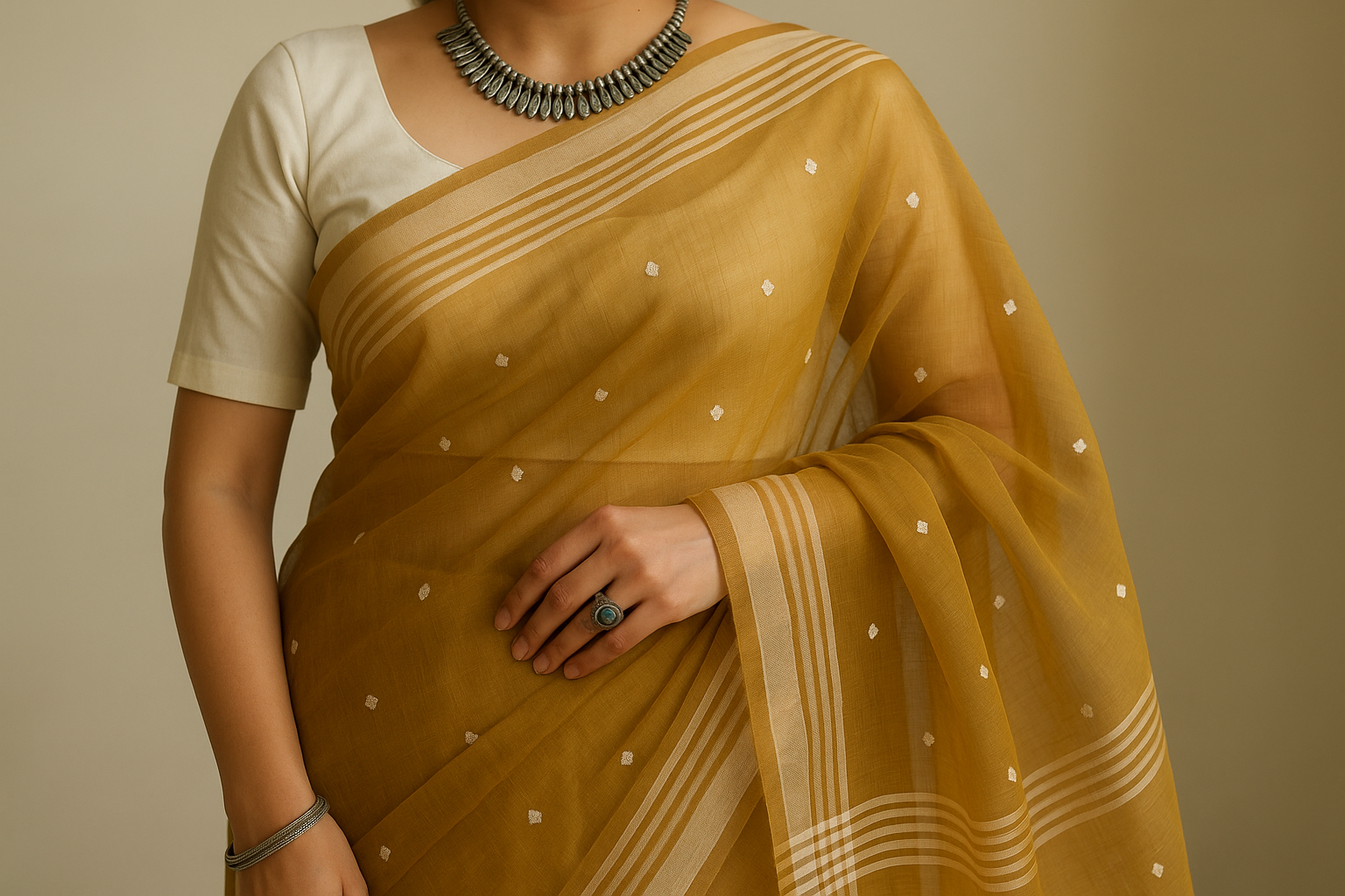 Mustard Golden Yellow Chanderi Saree Model Photo 3