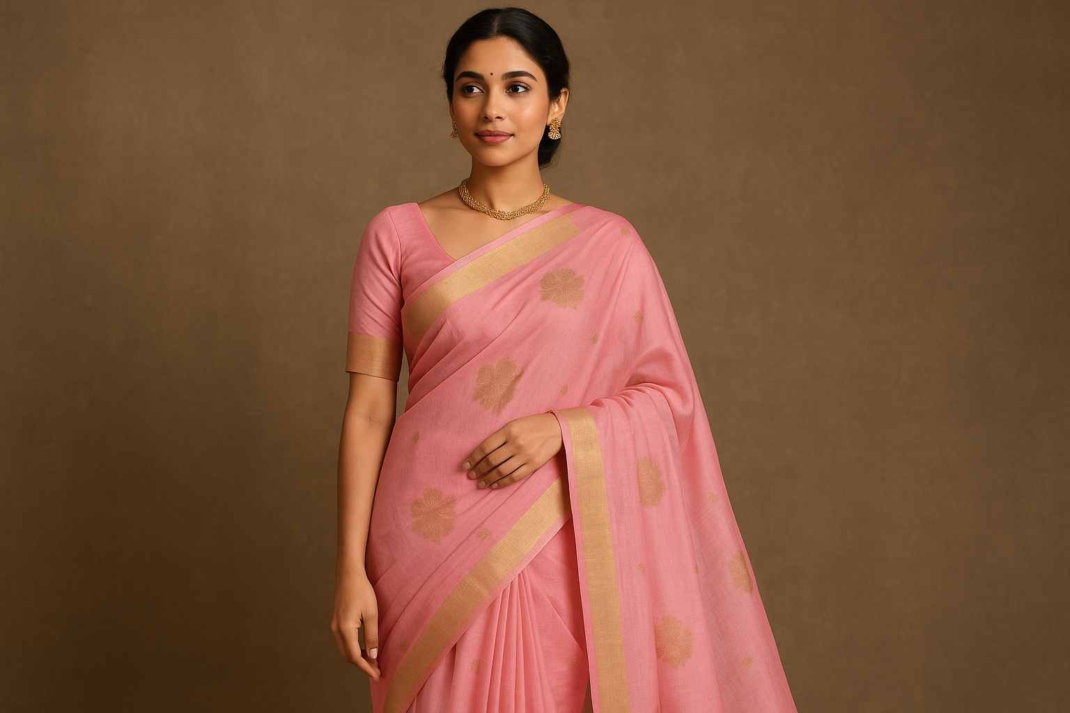 Pink Chanderi Saree with Golden Florals - Photo 1