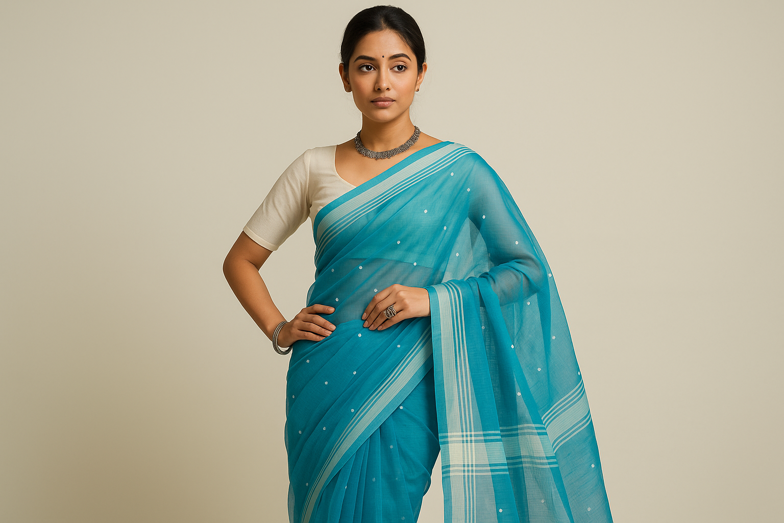 Turquoise Blue Chanderi Saree Model Photo 1