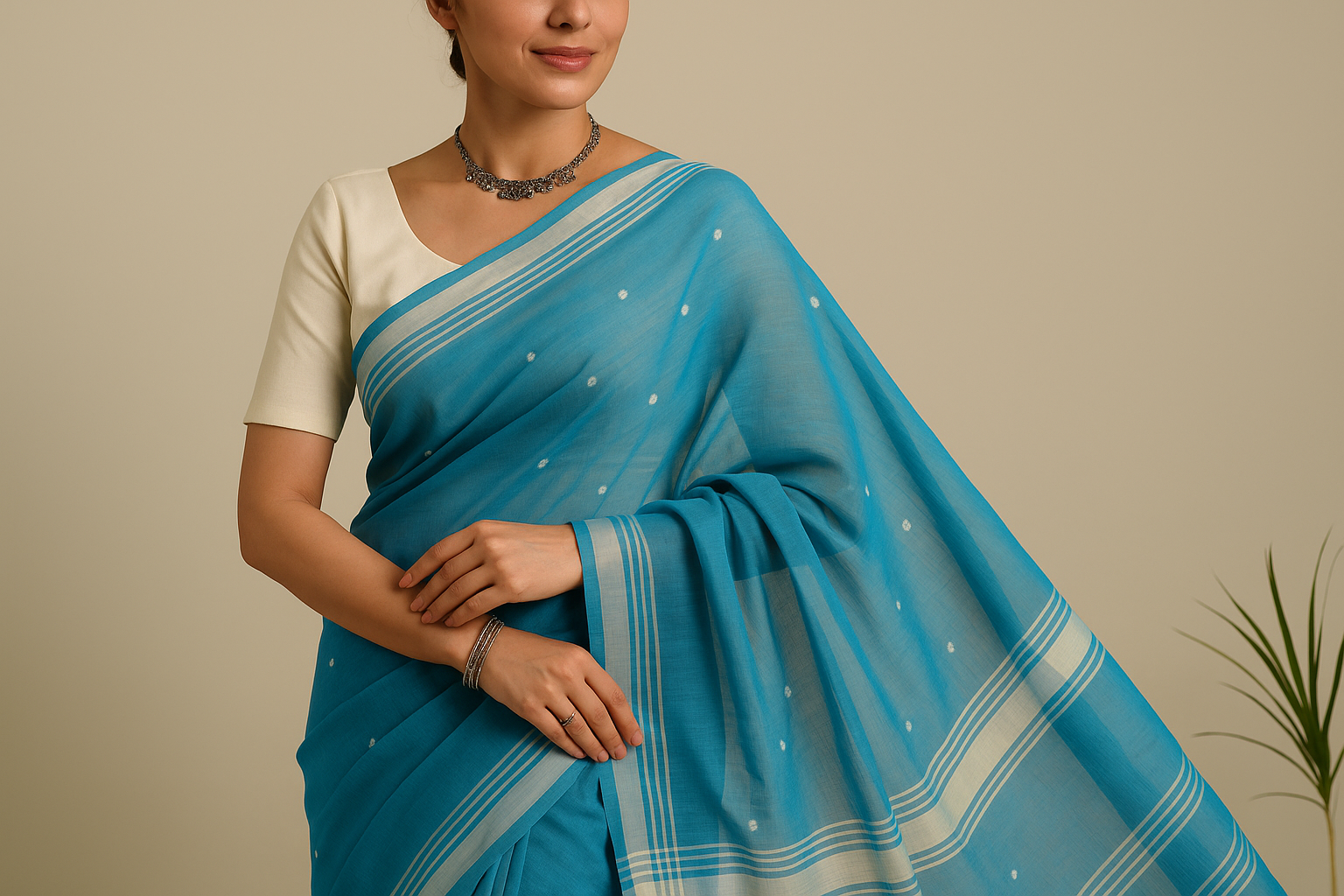 Turquoise Blue Chanderi Saree Model Photo 2