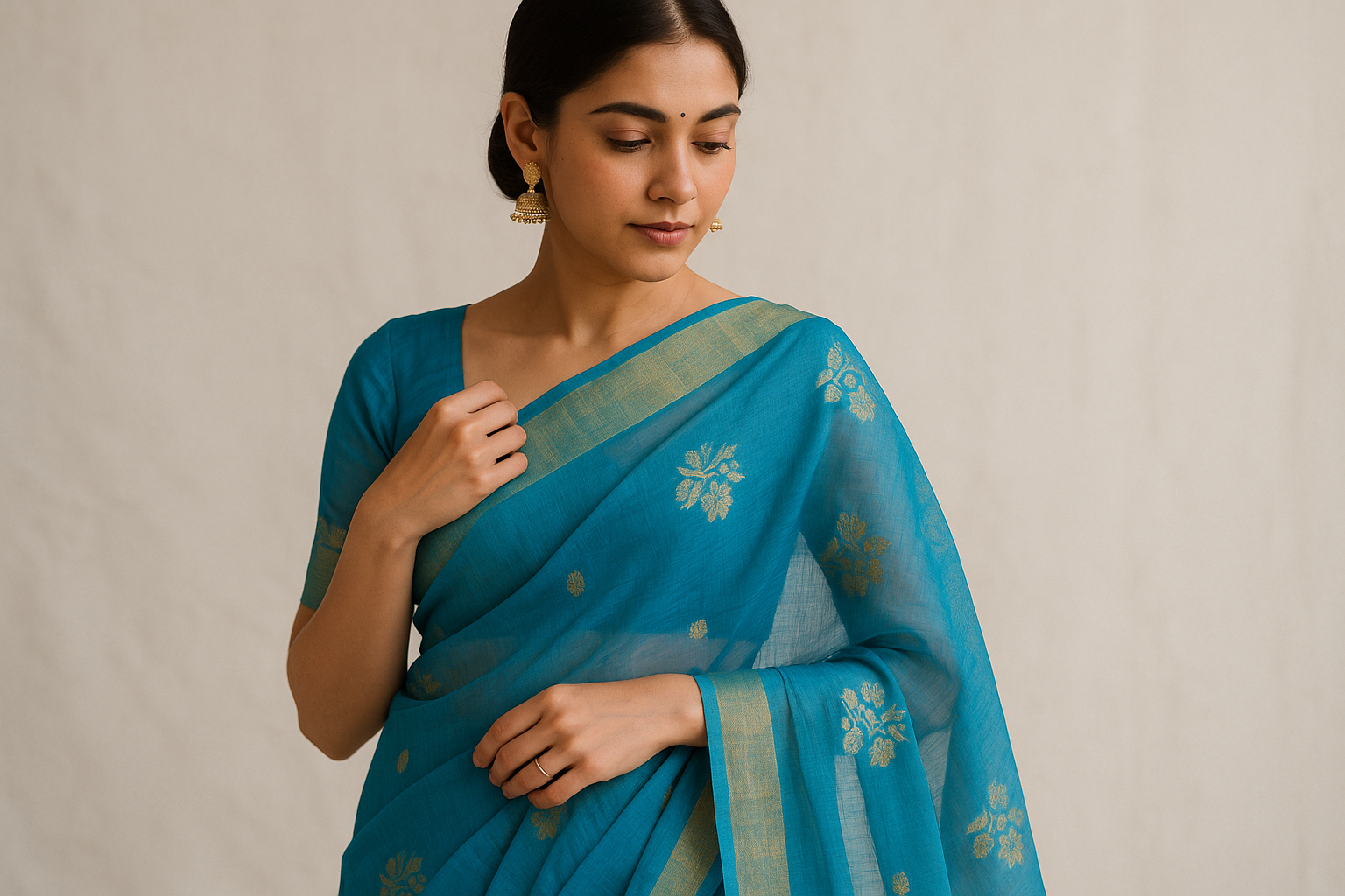 Turquoise Blue Chanderi Saree - Original Pose 3